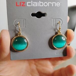Liz Claiborne Gold Tone and Green Dangle Earrings